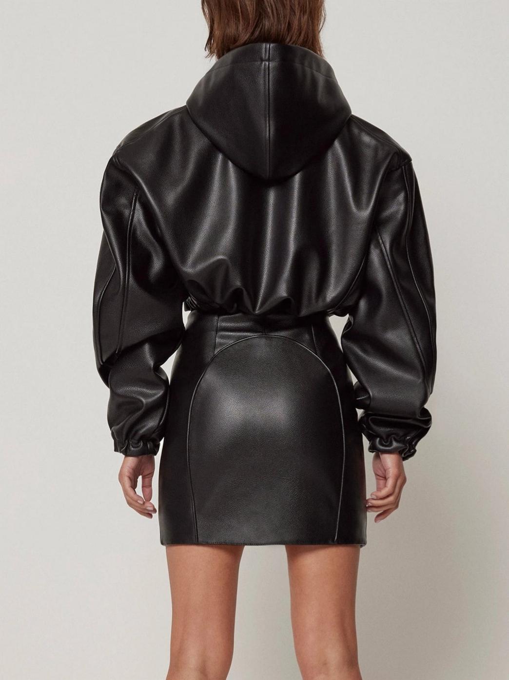 Faux Leather Cropped Hooded Jacket