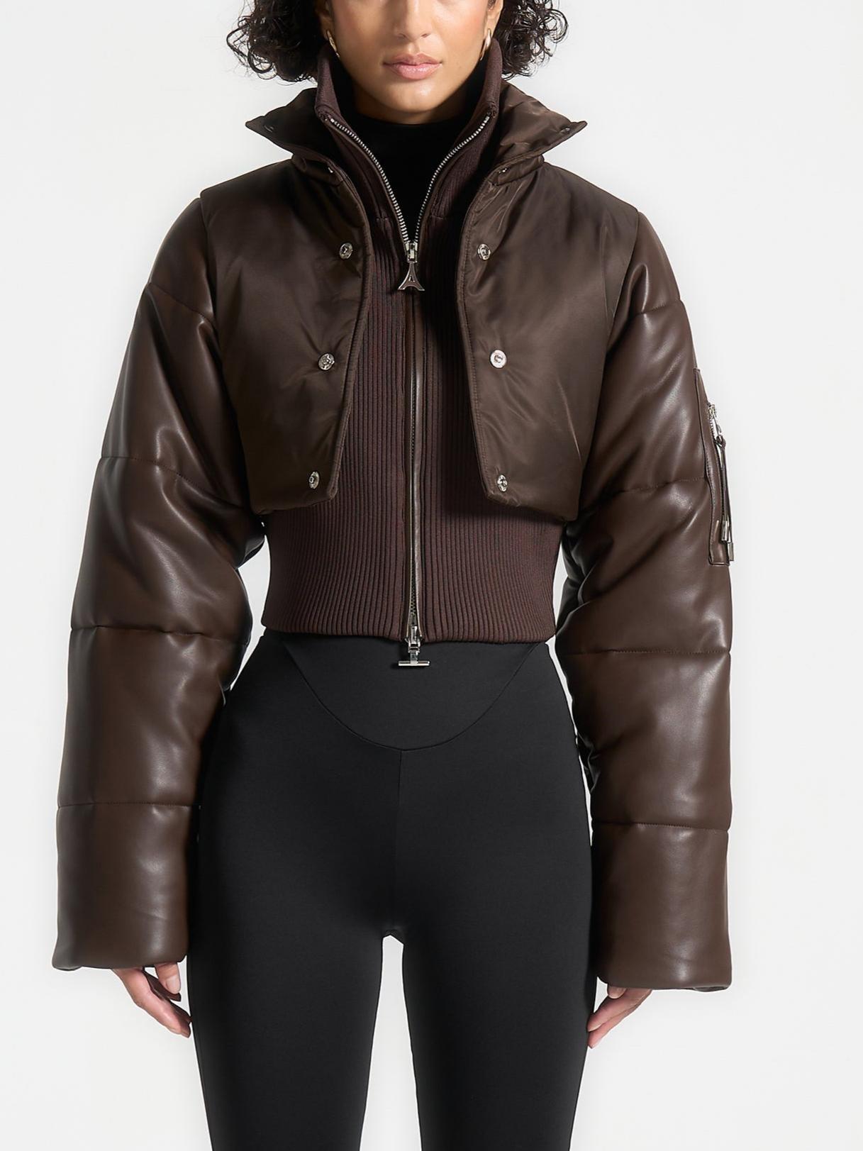 Leather and Nylon Layered Puffer Jacket