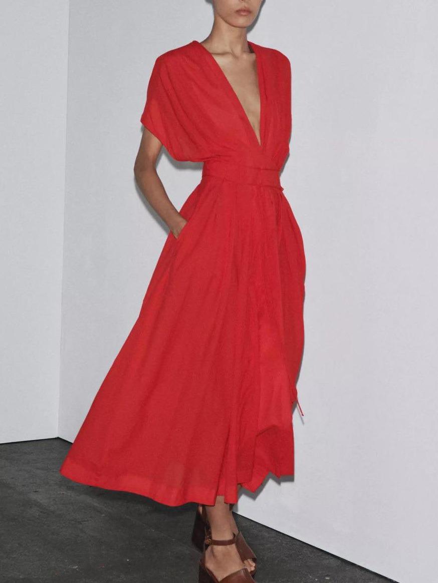 Stunning Red V - neck Maxi Dress with Slit and Tie - Waist