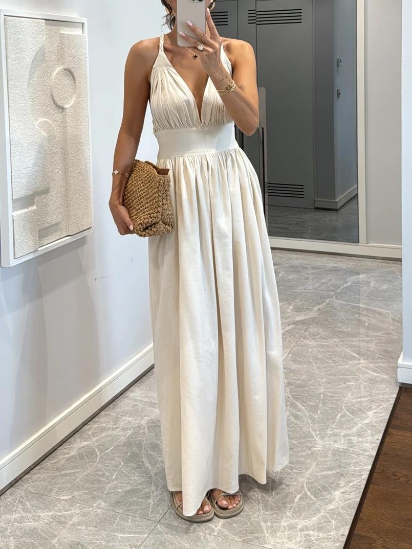 Graceful Halter - Neck Linen Maxi Dress