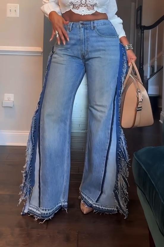 Fashion High Rise Side Tassel Wide Leg Jeans