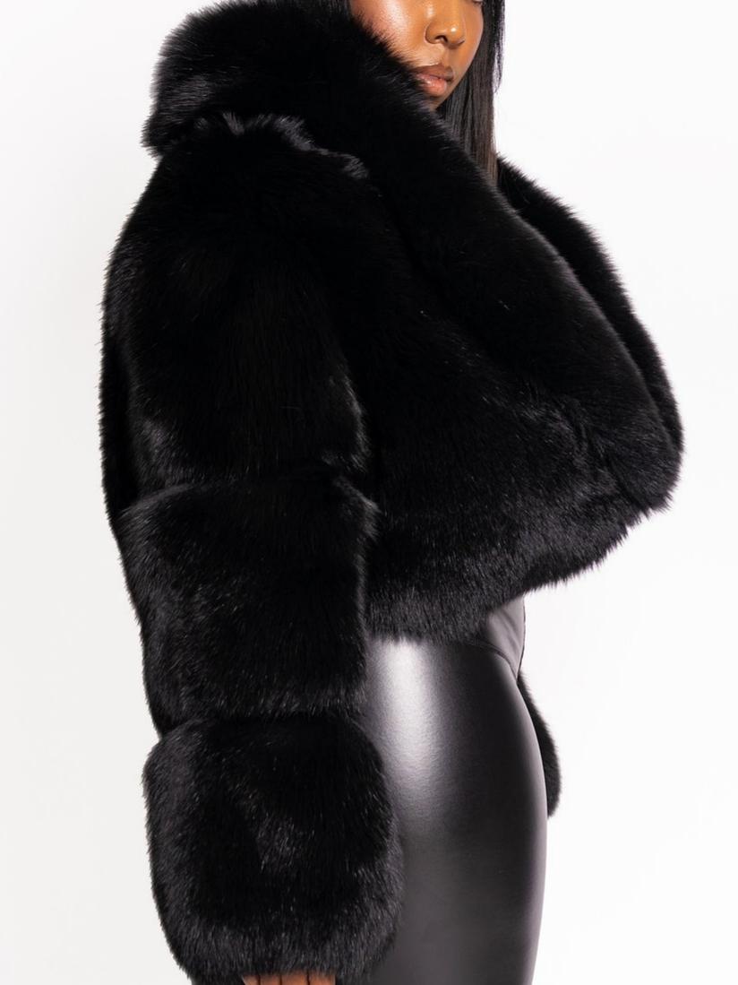 Luxury Black Faux Fur Cropped Jacket