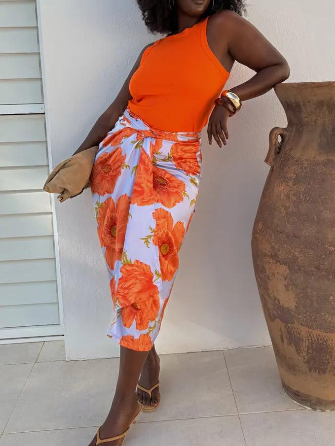 Vibrant Floral Print Fashionable Wrap - Style Skirt