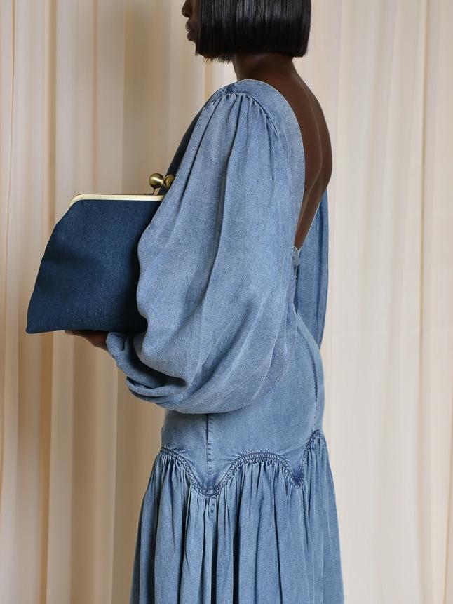 Stylish Denim Two - Piece Set with Puffed Sleeves and Ruffled Skirt