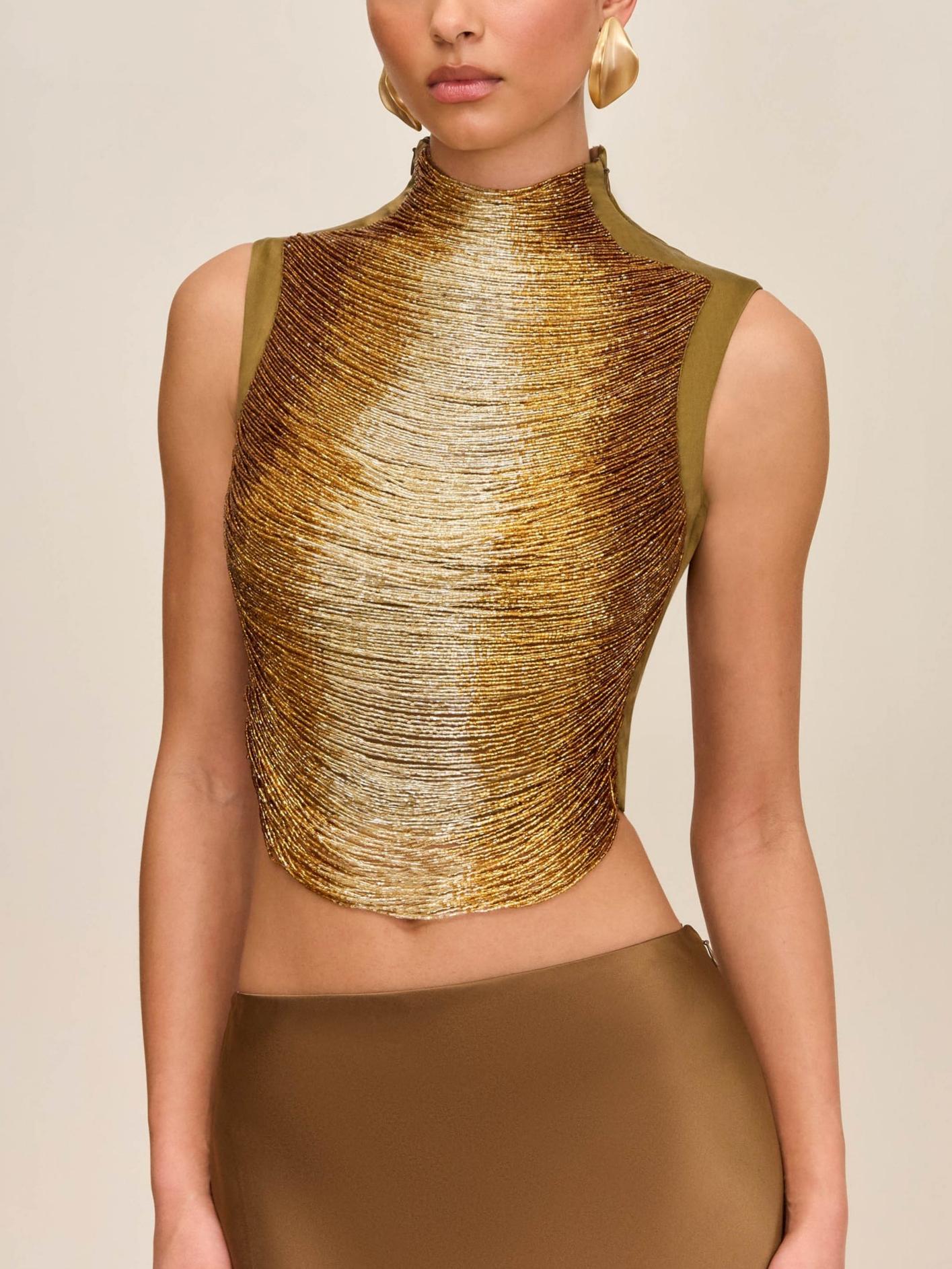 Elegant Bronze Ensemble: Sleeveless Fringe Top Paired with Flowing Satin Skirt
