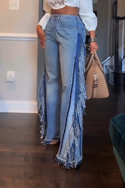 Fashion High Rise Side Tassel Wide Leg Jeans