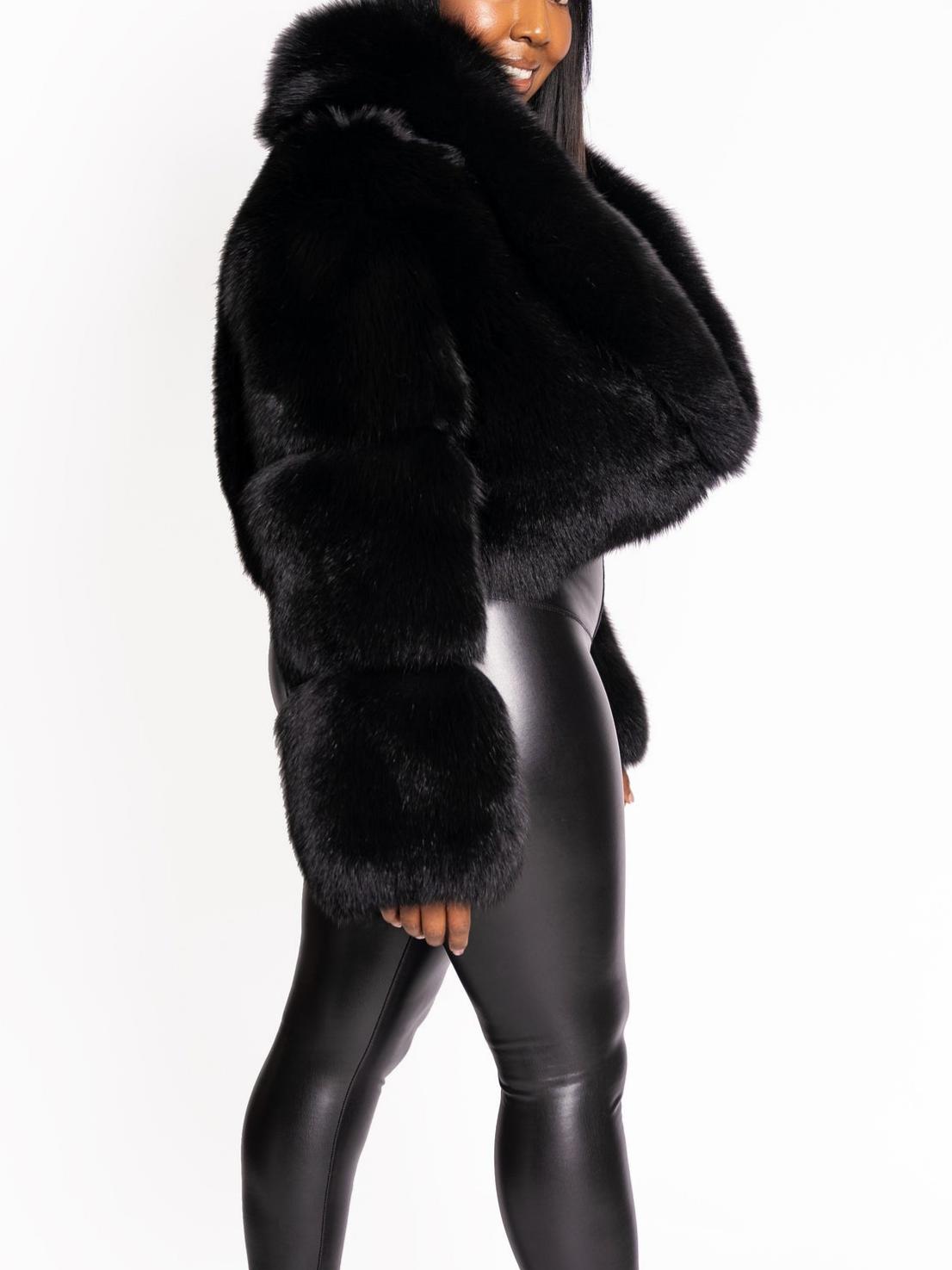 Luxury Black Faux Fur Cropped Jacket