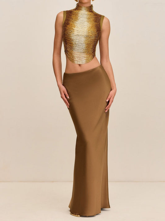 Elegant Bronze Ensemble: Sleeveless Fringe Top Paired with Flowing Satin Skirt