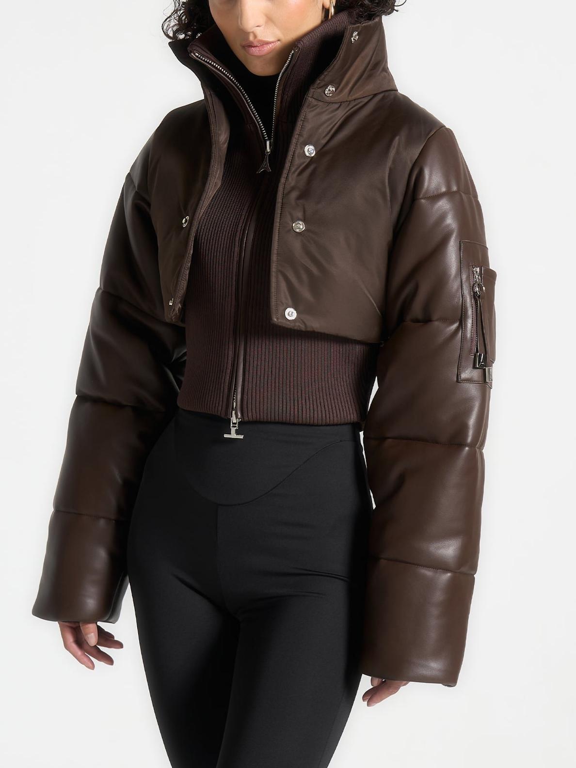 Leather and Nylon Layered Puffer Jacket
