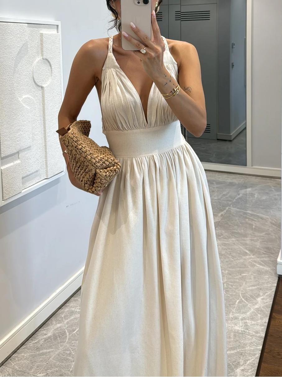 Graceful Halter - Neck Linen Maxi Dress