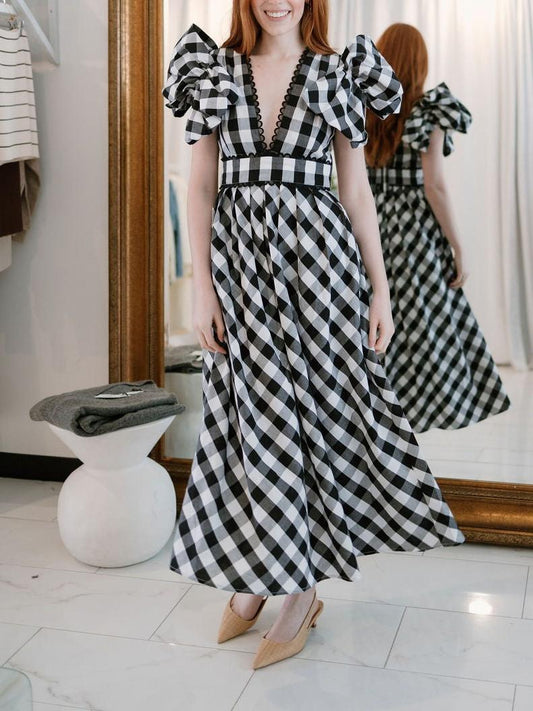 Puff Sleeves and Deep V - Neck Stylish Maxi Dress