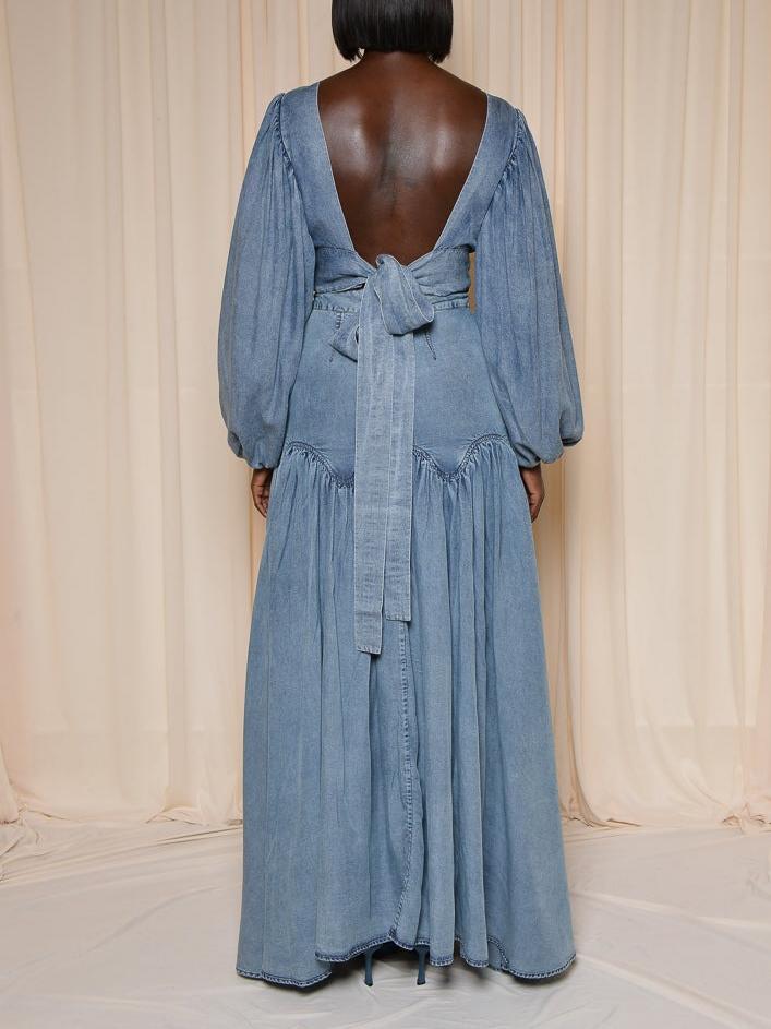 Stylish Denim Two - Piece Set with Puffed Sleeves and Ruffled Skirt