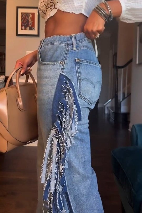 Fashion High Rise Side Tassel Wide Leg Jeans