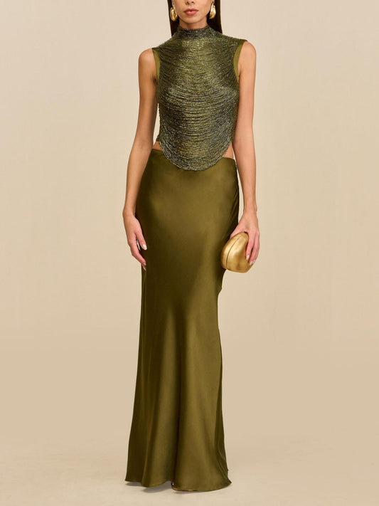 Elegant Rosemary Ensemble: Sleeveless Fringe Top Paired with Flowing Satin Skirt