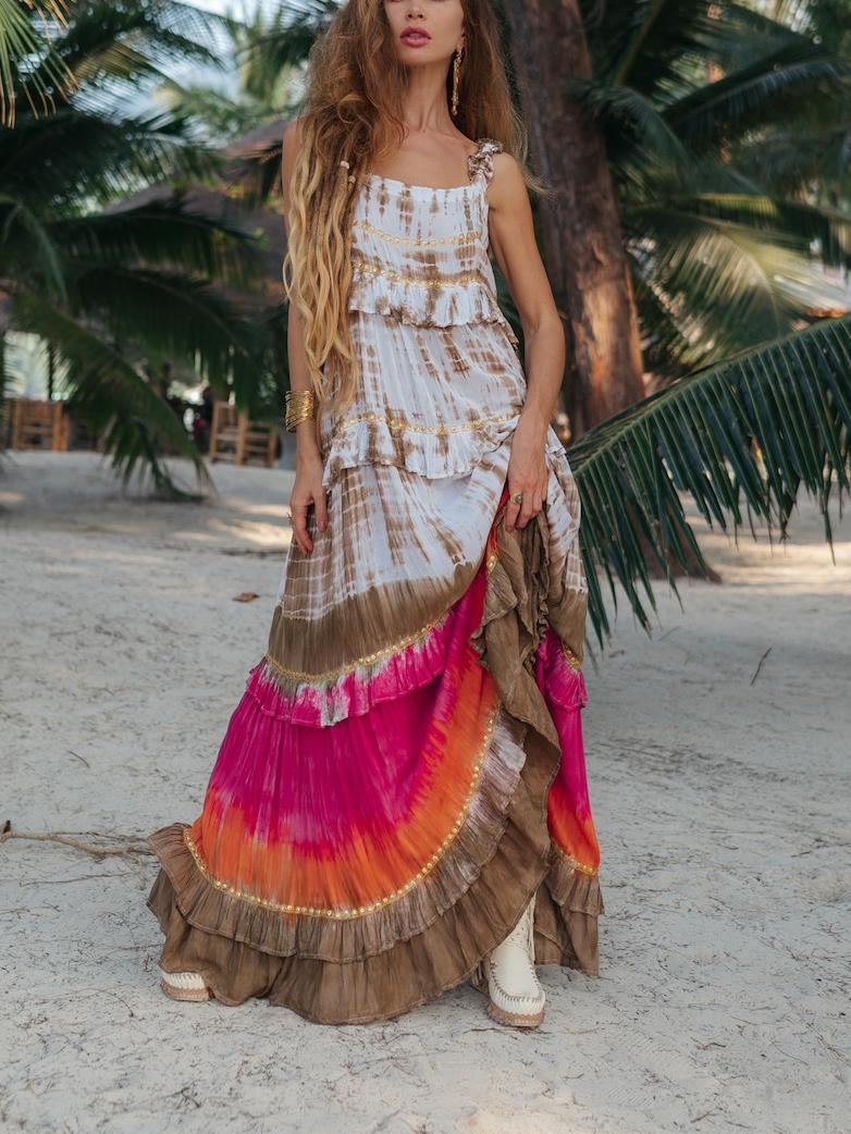 Vibrant Tie - Dye Patterns Bohemian - Style Tiered Maxi Dress