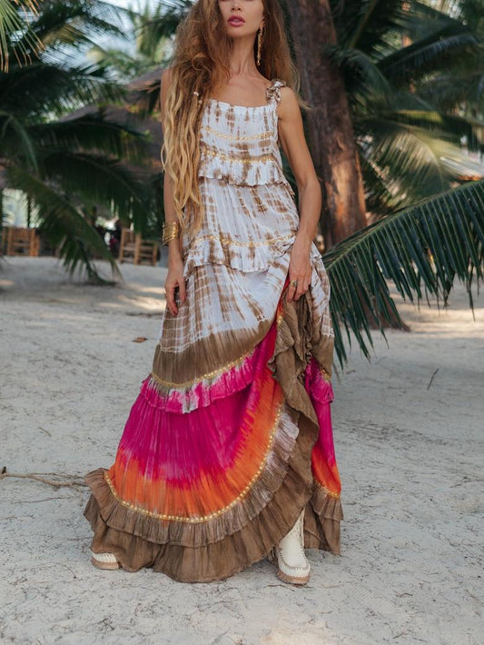 Vibrant Tie - Dye Patterns Bohemian - Style Tiered Maxi Dress
