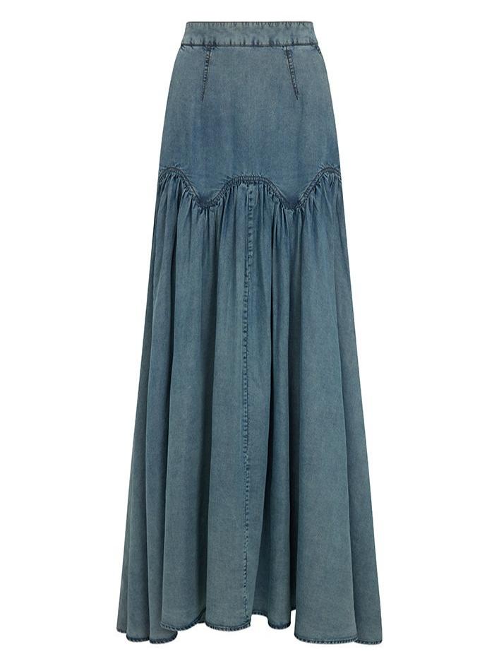 Stylish Denim Two - Piece Set with Puffed Sleeves and Ruffled Skirt