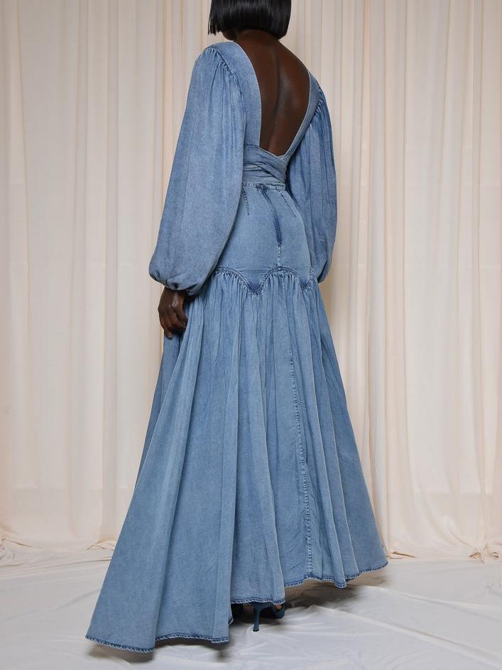 Stylish Denim Two - Piece Set with Puffed Sleeves and Ruffled Skirt