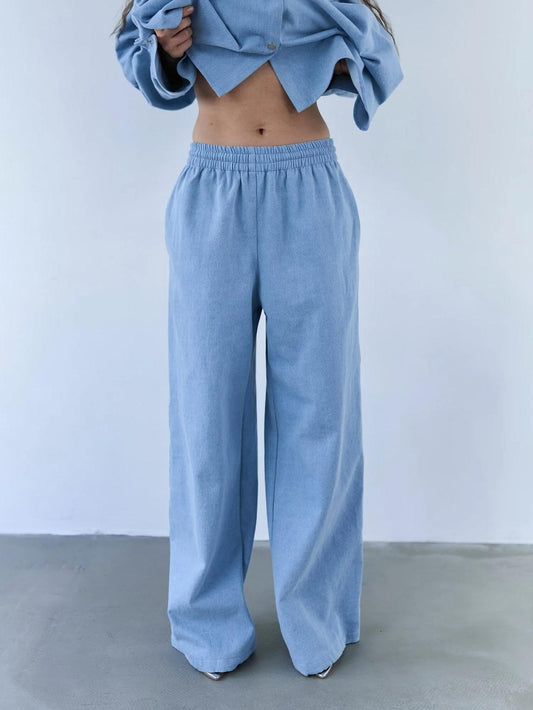Stylish Light Blue Denim Wide - Leg Pants