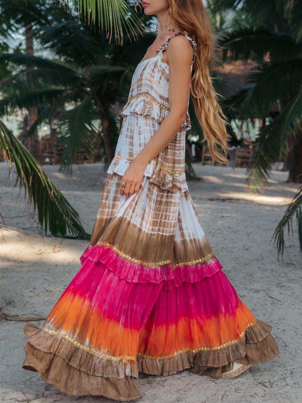 Vibrant Tie - Dye Patterns Bohemian - Style Tiered Maxi Dress