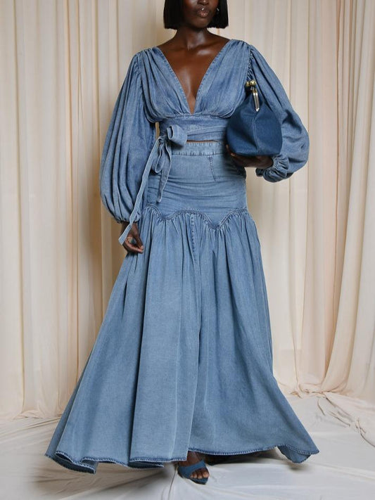 Stylish Denim Two - Piece Set with Puffed Sleeves and Ruffled Skirt