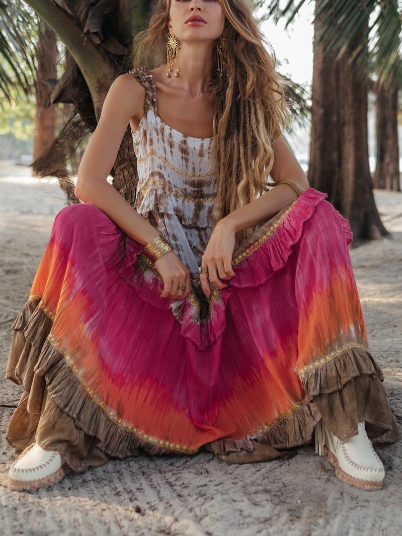 Vibrant Tie - Dye Patterns Bohemian - Style Tiered Maxi Dress