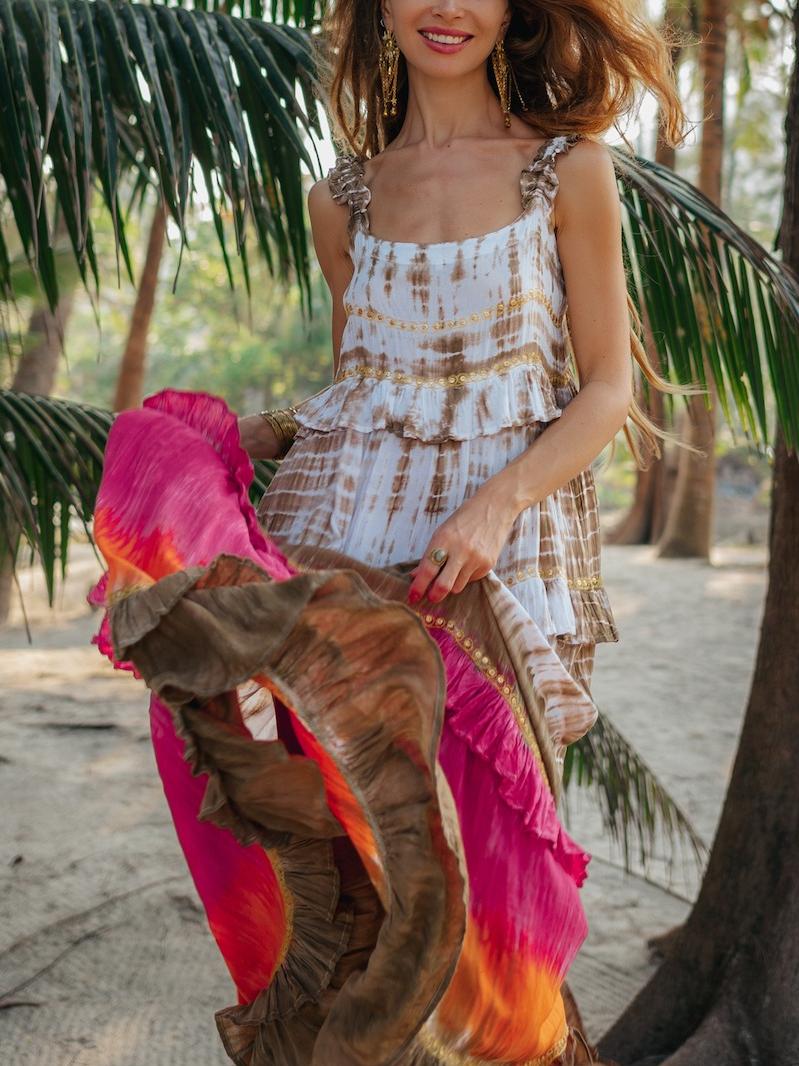 Vibrant Tie - Dye Patterns Bohemian - Style Tiered Maxi Dress