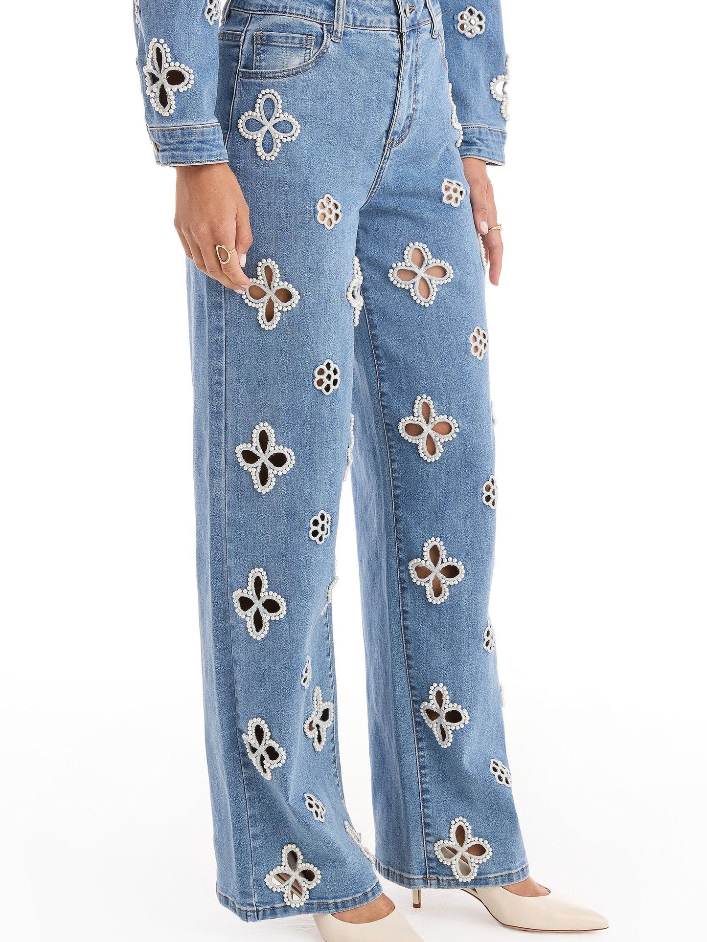 Embroidered Pearl Hollow-out Stretch Straight Pants