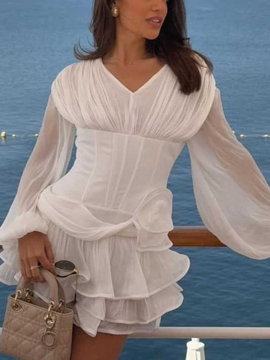 Elegant Puff Sleeves and Ruffle Details White Dress