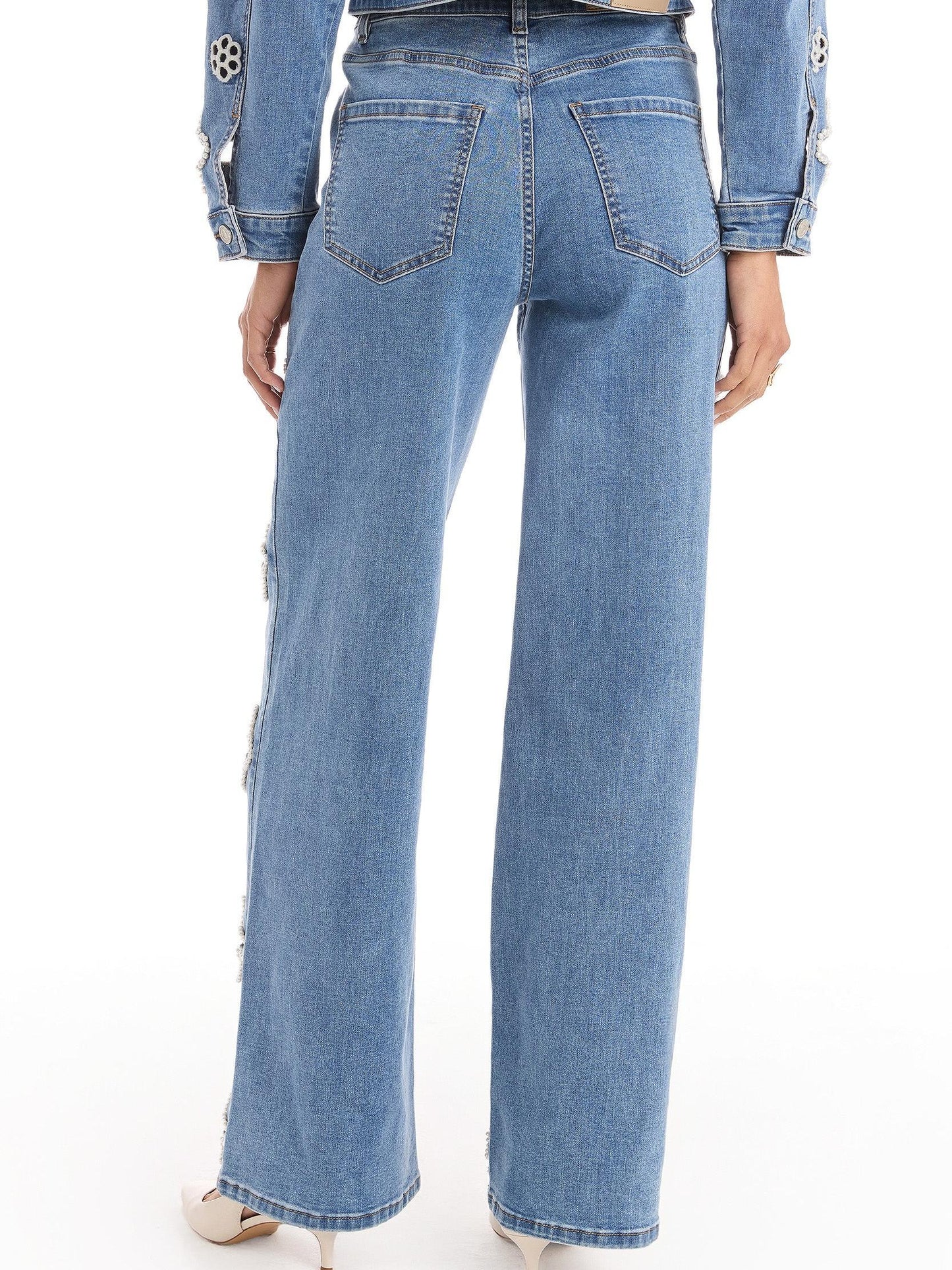 Embroidered Pearl Hollow-out Stretch Straight Pants