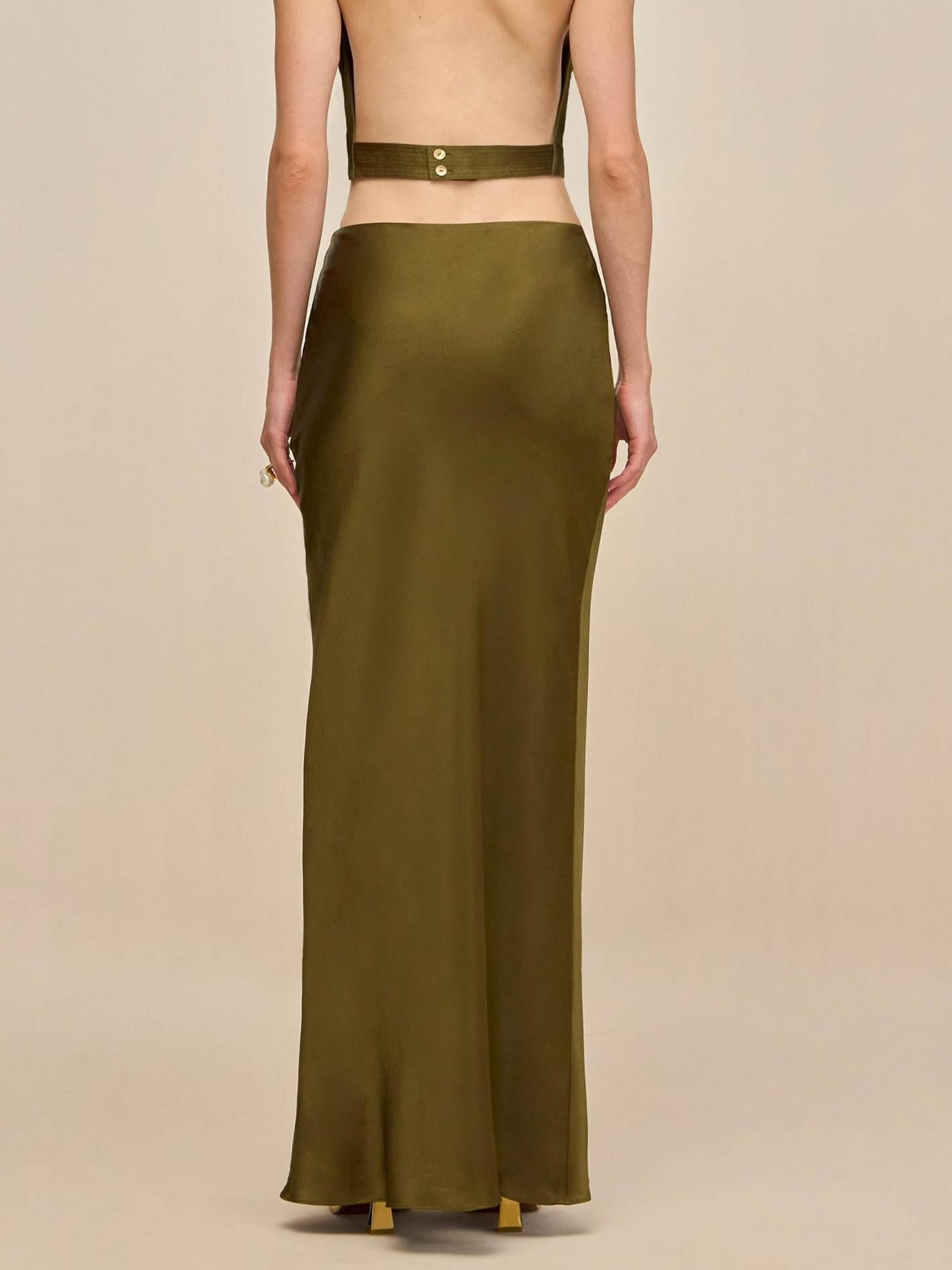 Elegant Rosemary Ensemble: Sleeveless Fringe Top Paired with Flowing Satin Skirt