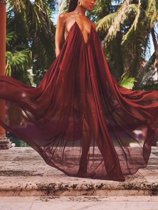 Elegant Burgundy Halter Maxi Dress