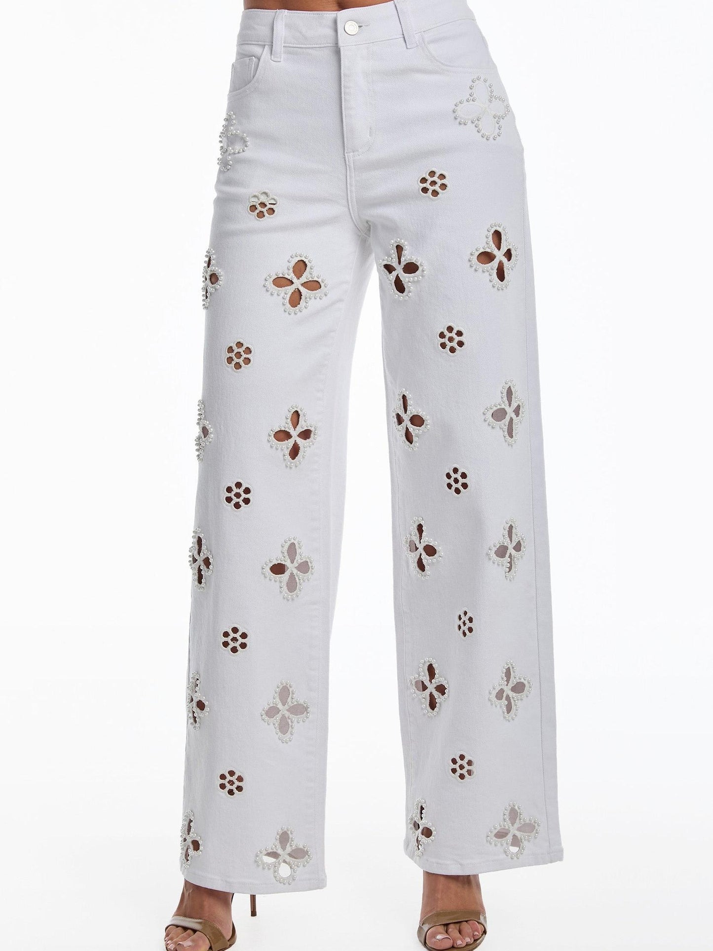 Embroidered Pearl Hollow-out Stretch Straight Pants