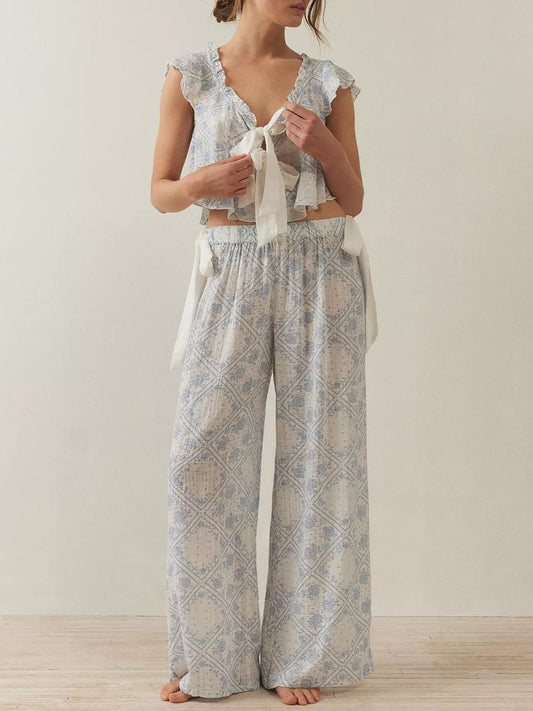 Stylish Sleeveless Top and Wide - Leg Pants Pajama