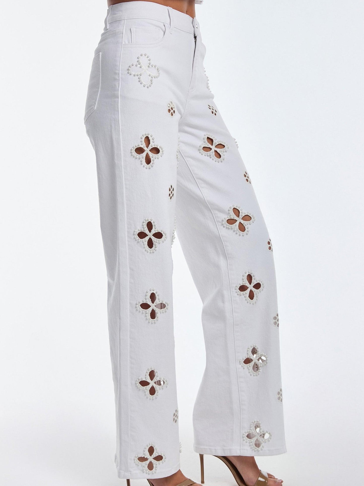 Embroidered Pearl Hollow-out Stretch Straight Pants