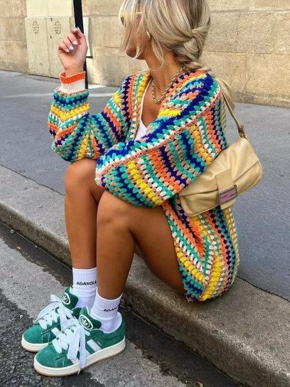 Vibrant Multicolored Striped Knit Cardigan