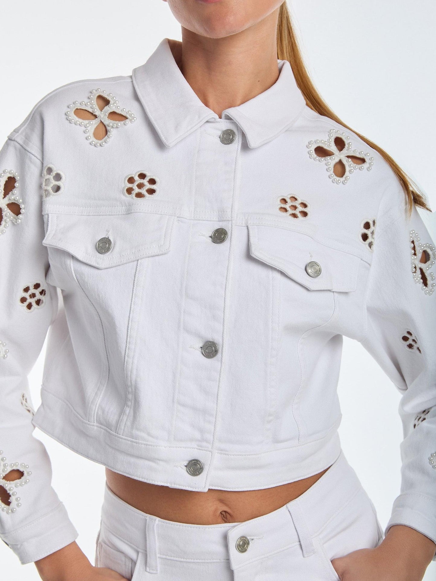 Embroidered Pearl Hollow-out Denim Cropped Outerwear