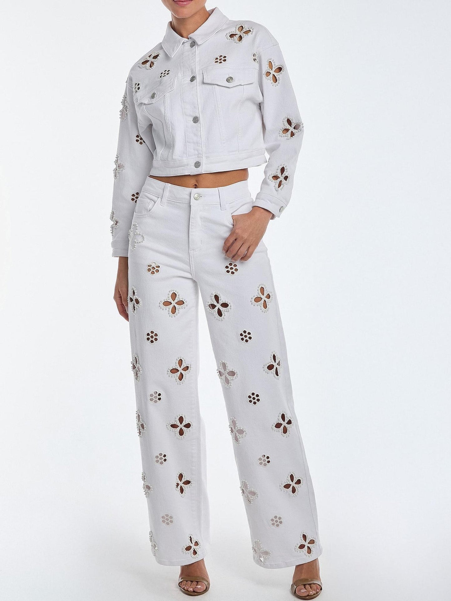 Embroidered Pearl Hollow-out Denim Cropped Outerwear