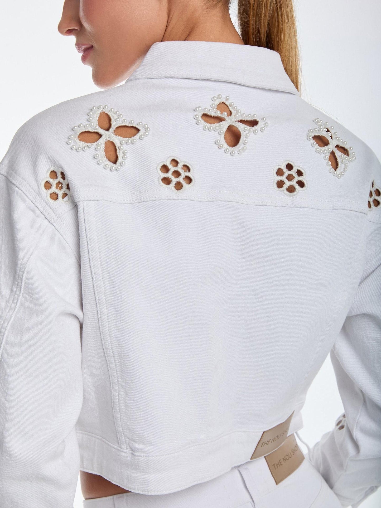 Embroidered Pearl Hollow-out Denim Cropped Outerwear