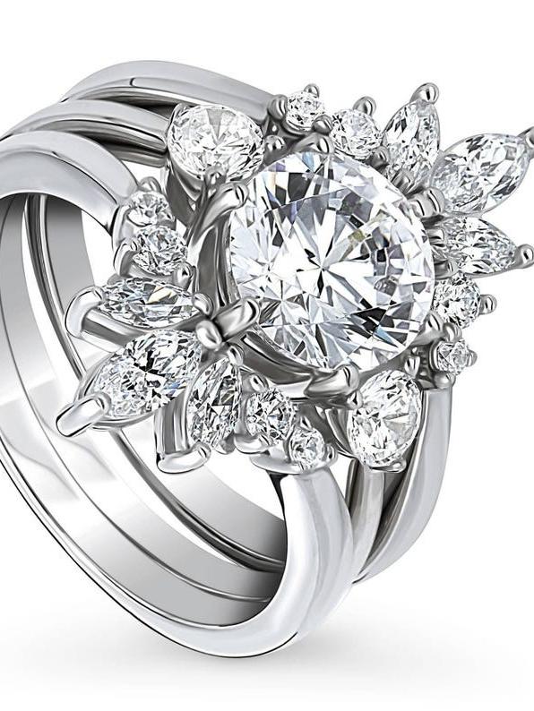 Three Stone Wedding Engagement Ring Set