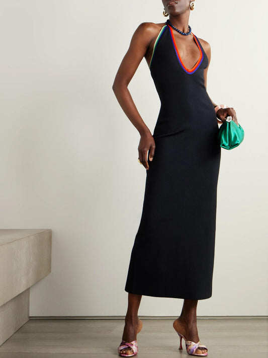 Cutout Striped Stretch-knit Halterneck Midi Dress