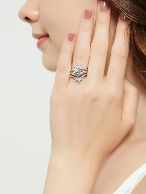 Three Stone Wedding Engagement Ring Set