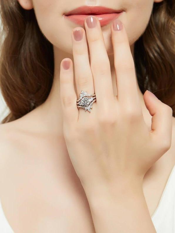 Three Stone Wedding Engagement Ring Set