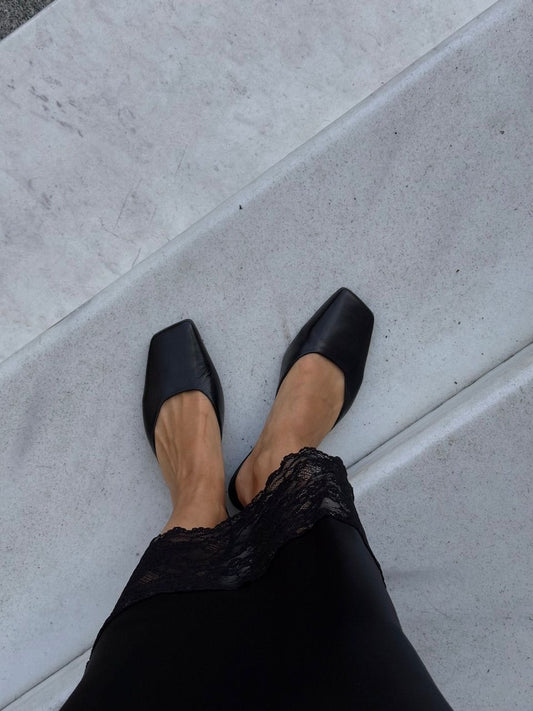 Black Leather Slip - on Heeled Mules