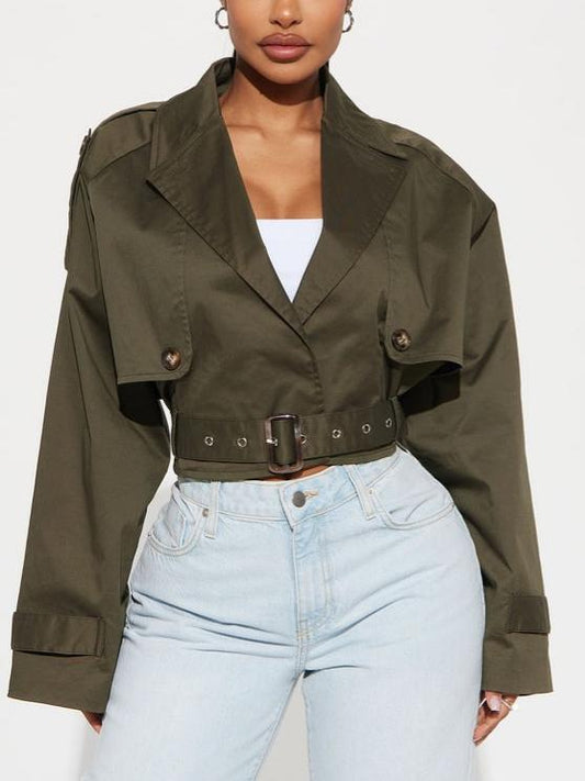 Stylish Olive - green Cropped Trench