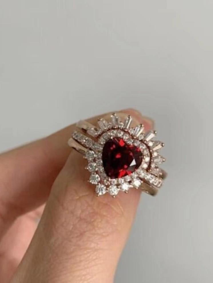 Red Ruby Heart Shape Bridal Ring Set