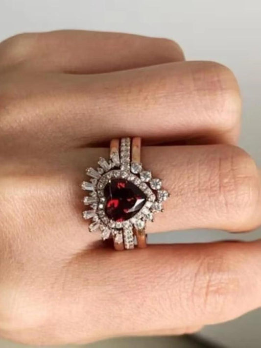 Red Ruby Heart Shape Bridal Ring Set
