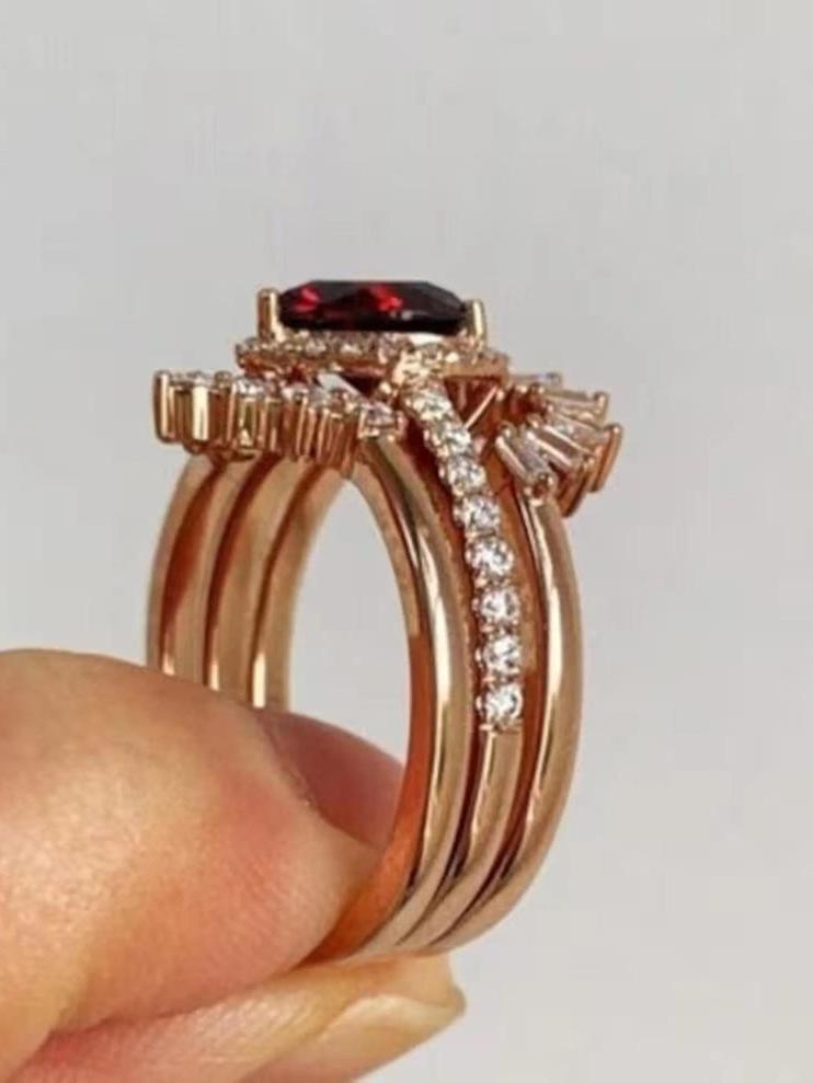 Red Ruby Heart Shape Bridal Ring Set