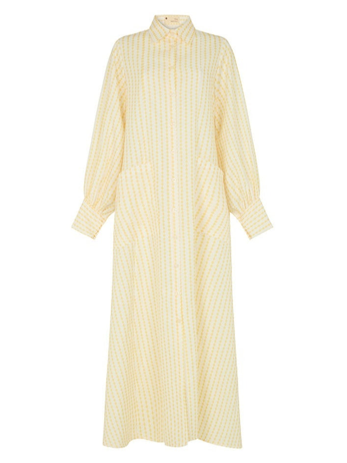 Yellow & White Diamond Stripes Maxi Flared Shirt Dress