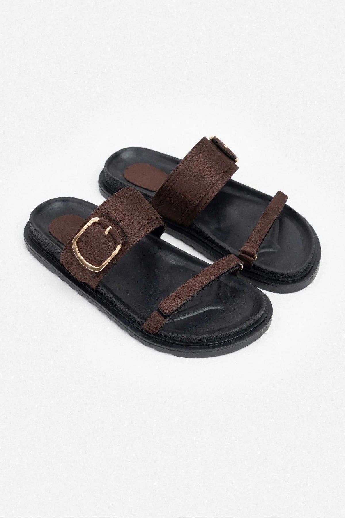 Suede Buckle Detailed Velcro Flat Sole Women's Slippers